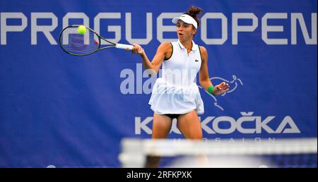 Prague, Czech Republic. 04th Aug, 2023. Jaqueline Cristian of Romania in action during match against Kateryna Baindl of Ukraine within the WTA Prague Open 2023 tennis tournament, 3rd round, on August 4, 2023, in Prague, Czech Republic. Credit: Ondrej Deml/CTK Photo/Alamy Live News Stock Photo