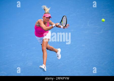 Prague, Czech Republic. 04th Aug, 2023. Kateryna Baindl of Ukraine in action during match against Jaqueline Cristian of Romania within the WTA Prague Open 2023 tennis tournament, 3rd round, on August 4, 2023, in Prague, Czech Republic. Credit: Ondrej Deml/CTK Photo/Alamy Live News Stock Photo