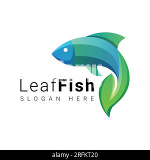 Modern Gradient Leaf Fish Logo Design Fish with Tail Leaf Logotype Stock Vector