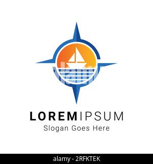 Modern sailboat sunset with compass in sea logo design vector template Stock Vector