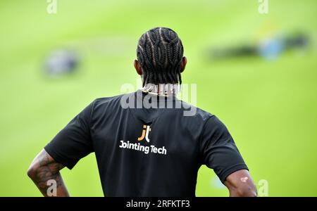 Hove UK 4th August 2023 - Sussex and England bowler Jofra Archer who is out injured at the moment  at the Metro Bank One Day Cup cricket match at the 1st Central County Ground in Hove : Credit Simon Dack /TPI/ Alamy Live News Stock Photo