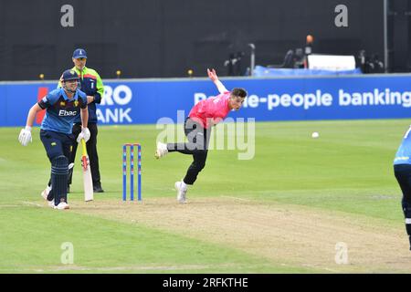 Hove UK 4th August 2023 -  Henry Crocombe bowling for Sussex Sharks against Durham during the Metro Bank One Day Cup cricket match at the 1st Central County Ground in Hove : Credit Simon Dack /TPI/ Alamy Live News Stock Photo