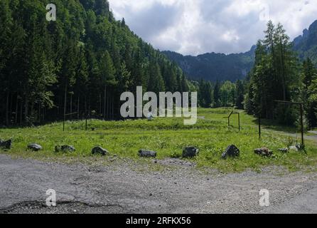 Loibltal, Austria - Jul 28, 2023: Concentration camp Loibl Pass was the north camp where prisoners built the tunnel to the south Ljubelj camp in Slove Stock Photo