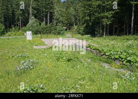 Loibltal, Austria - Jul 28, 2023: Concentration camp Loibl Pass was the north camp where prisoners built the tunnel to the south Ljubelj camp in Slove Stock Photo
