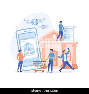 Digital bank service concept. Office people characters using smartphone for internet mobile payments, flat vector modern illustration Stock Vector