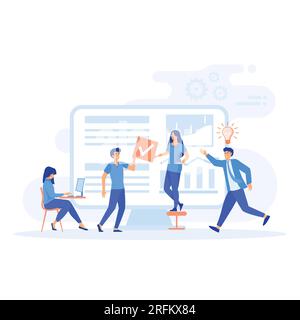 teamwork concepts. big computer and programmer team moving cards on electronic kanban task board, flat vector modern illustration Stock Vector