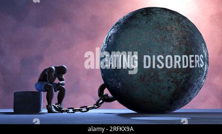Eating disorders - a metaphor showing human struggle with Eating disorders. Resigned and exhausted person chained to Eating disorders. Drained and dep Stock Photo