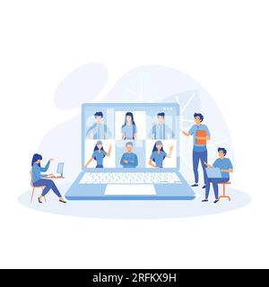 Online business conference, team thinking and brainstorming, company information analytics, flat vector modern illustration Stock Vector