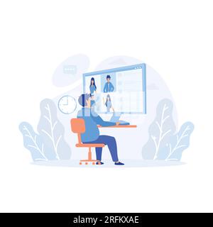 remote work, technology concept, orker using computer for collective virtual meeting and group video conference, flat vector modern illustration Stock Vector