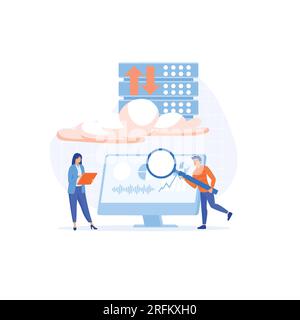 business technology cloud computing service concept, developer team working on dashboard monitor, flat vector modern illustration Stock Vector
