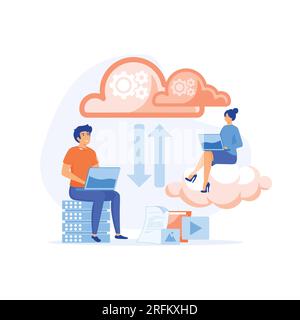 Cloud computing concept, Man and woman processing information at laptops using cloud technology, flat vector modern illustration Stock Vector