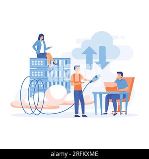 Users work with a cloud service platform, Working process, teamwork communication, flat vector modern illustration Stock Vector