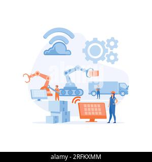 infographic of industry concept. Smart Factory and working person using wireless technology to control, flat vector modern illustration Stock Vector