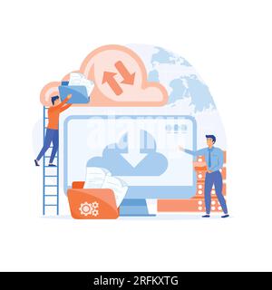 Cloud technology. People storing data on cloud server. flat vector modern illustration Stock Vector