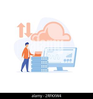 business technology cloud computing service concept, developer team working on dashboard monitor, flat vector modern illustration Stock Vector