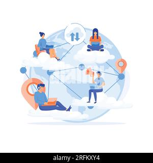 Business Outsourcing, People Using Cloud System in Distant Work and Data Storage. flat vector modern illustration Stock Vector