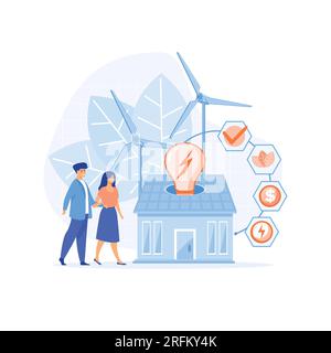Sustainability, Green electricity and power save concept. Characters reduce energy consumption at home, flat vector modern illustration Stock Vector