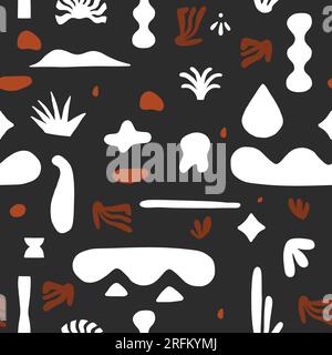 Hand drawn vector abstract graphic drawing seamless pattern design,concept contemporary art with decorative organic shapes and cactus in simple style Stock Vector