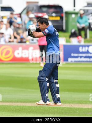 Hove UK 4th August 2023 -  David Bedingham of Durham celebrates his century against Sussex Sharks during the Metro Bank One Day Cup cricket match at the 1st Central County Ground in Hove : Credit Simon Dack /TPI/ Alamy Live News Stock Photo