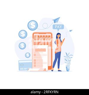 Online payment concept. Digital bill. young lady pay bill using smart phone. flat vector modern illustration Stock Vector