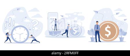 Rational Time Management, Money Transfer Online and Financial Operations in E-banking via Mobile Phone, Earning, saving and investing money, set flat Stock Vector