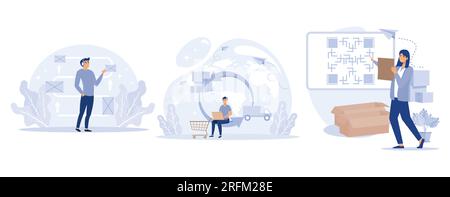 Warehouse modern technology concept, Warehouse voice tasking, handling and order processing, QR code, automated operations, set flat vector modern ill Stock Vector