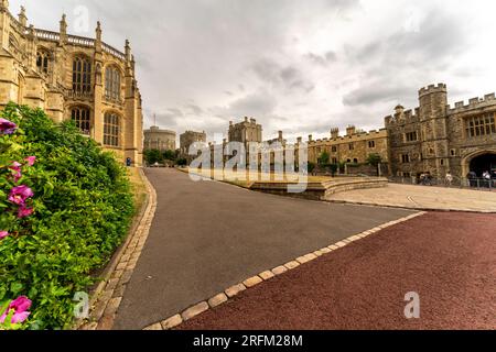 Windsor, England, UK - July 22, 2022. St. George's Chapel and Windsor Castle grounds. The castle is one of King Charles III's official residences. Stock Photo