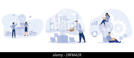 Successful Launch New Idea. Business Development, Entrepreneur Watering Money Tree, Informative Flyer Service Promotion, set flat vector modern illust Stock Vector