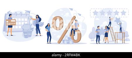 Credit Project, Woman with Credit Card, Percentage Rate Income Profit Concept, Customer Review, People Giving Five Star Positive Rating, set flat vect Stock Vector