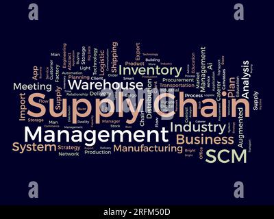 Word cloud background concept for supply chain management (SCM). inventory business, manufacturing industry system of business network. vector illustr Stock Vector