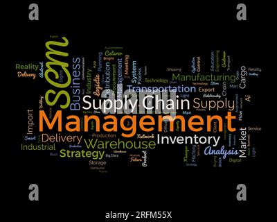 Word cloud background concept for supply chain management (SCM). inventory business, manufacturing industry system of business network. vector illustr Stock Vector