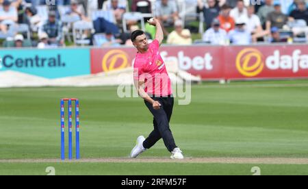 Hove UK 4th August 2023 - Bradley Currie bowling for Sussex Sharks against Durham  during the Metro Bank One Day Cup cricket match at the 1st Central County Ground in Hove : Credit Simon Dack /TPI/ Alamy Live News Stock Photo