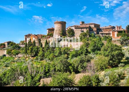 Gualdo Cattaneo (Umbria, Italy) is a town rich in many vestiges of the past including a castle from the 1100s. It is surrounded by green hills. Stock Photo