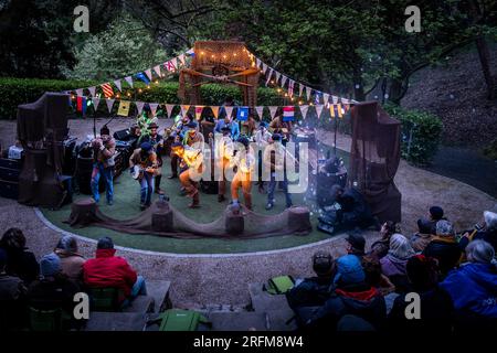 Old Time Sailors performing at Trebah Garden Amphitheatre in Cornwall in the UK. Stock Photo