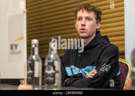 Glasgow, UK. 04th Aug, 2023. Belgian Nathan Van Hooydonck of Jumbo-Visma pictured during a press conference at the UCI Road World Championships Cycling 2023, in Glasgow, United Kingdom on Friday 04 August 2023. UCI organizes the worlds with all cycling disciplines, road cycling, indoor cycling, mountain bike, BMX racing, road paracycling and indoor paracycling, in Glasgow from 05 to 13 August. BELGA PHOTO DAVID PINTENS Credit: Belga News Agency/Alamy Live News Stock Photo
