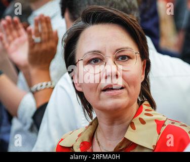 Herne, Germany. 04th August, 2023. Michelle Müntefering, Member of German Parliament for Herne. Prime Minister of North Rhine-Westphalia, Hendrik Wüst (CDU), together with Mayor Frank Dudda (SPD) and other digntaries arrive to cheers of the crowd and performances, then tap the barrel in the festive tent to officially open the Cranger Kirmes fairground in Herne. Cranger Kirmes funfair is one of the largest in Germany. Pop singer Michelle and others perform. The popular fair regularly attracts more than 4m visitors during its 10 day run. The fair dates back to the early 18th century at Crange. Stock Photo