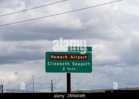 sign for Exit 13A on the New Jersey Turnpike I95 for Newark Airport and Elizabeth Seaport Stock Photo