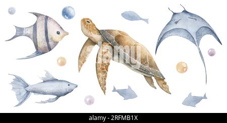 Sea Animals with turtle and Fishes. Hand drawn set of watercolor illustrations with manta Ray and tortoise on isolated background. Drawing with marine fauna for design in nautical style. Stock Photo