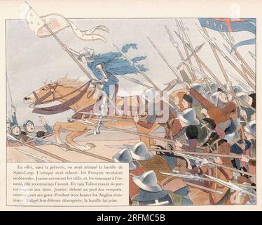 Joan of Arc rushing to the news that the English had attacked the bastille at Saint-Loup.  Illustration published in the book 'Jeanne d'Arc' by Louis-Maurice Boutet de Monvel, published by Plon, Nourrit & Cie in 1896. Stock Photo
