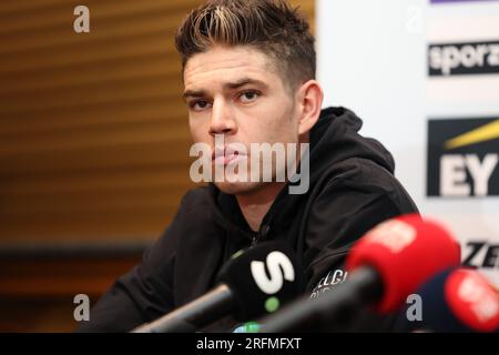 Glasgow, UK. 04th Aug, 2023. Belgian Wout van Aert of Team Jumbo-Visma pictured during a press conference at the UCI Road World Championships Cycling 2023, in Glasgow, United Kingdom on Friday 04 August 2023. UCI organizes the worlds with all cycling disciplines, road cycling, indoor cycling, mountain bike, BMX racing, road paracycling and indoor paracycling, in Glasgow from 05 to 13 August. BELGA PHOTO DAVID PINTENS Credit: Belga News Agency/Alamy Live News Stock Photo