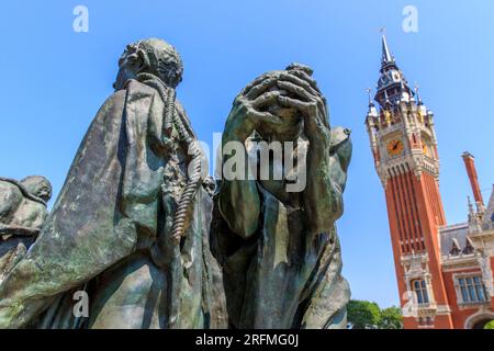 France, Hauts-de-France region, Pas-de-Calais, Les Bourgeois de Calais (The Burghers of Calais), sculpted by French artist Auguste Rodin, belfry of the Town Hall, Stock Photo