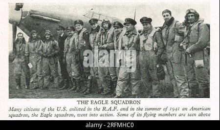 Photo of an Eagle squadron in the UK circa 1941. The Eagle Squadrons were three fighter squadrons of the Royal Air Force, formed with volunteer pilots from the United States during the early days of World War II, prior to America's entry into the war in December 1941.                                                                           There were 3 squadrons formed :71 Squadron, 121 Squadron, and 133 Squadron.  The particular squadron here is not identified. Stock Photo