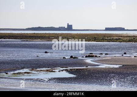 France, Normandy region, Manche, Val de Saire, Saint-Vaast-la-Hougue, view over the islet of Tatihou and the Vauban Fort, Stock Photo