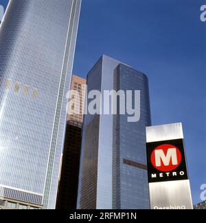 LOS ANGELES, USA-AUGUST 01,2023: Downtown Los Angeles Skyline Pershing Square metro sign and skyscrapers Stock Photo