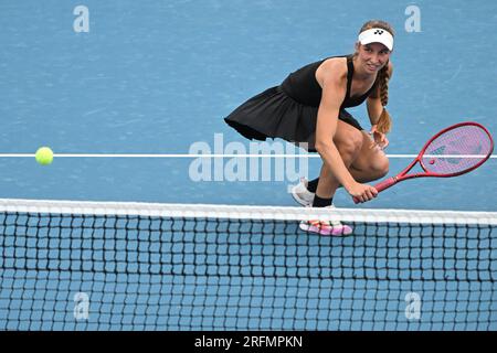 Prague, Czech Republic. 04th Aug, 2023. Tamara Korpatsch of Germany returns a ball to Alize Cornet of France during their match at the WTA Prague Open 2023 tennis tournament, quarterfinal, on August 4, 2023, in Prague, Czech Republic. Credit: Michal Kamaryt/CTK Photo/Alamy Live News Stock Photo