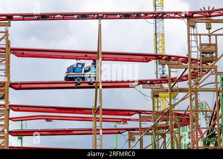 Herne, Germany. 04th Aug, 2023. The ride 'Wild Mouse' at the Cranger Kirmes. The event, which runs until August 13, is considered one of the largest public festivals in Germany. Around 500 showmen and several million visitors are expected again. Credit: Christoph Reichwein/dpa/Alamy Live News Stock Photo