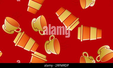 Endless seamless pattern of beautiful tasty hot invigorating morning fast coffee glasses on a red background. Vector illustration. Stock Vector