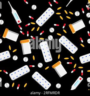 Medical seamless pattern, texture from medicinal pharmaceutical tablets, cans, capsules, vitamins, drugs, plates, antibiotics, fish oil, thermometer i Stock Vector