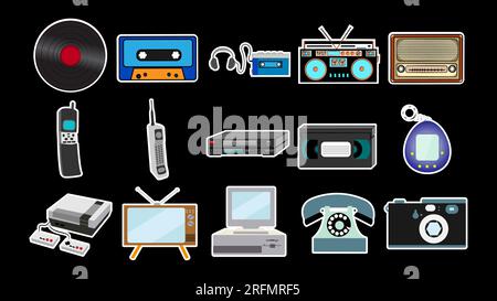 Set of stickers of old retro vintage antique hipster mobile phones, tv, audio recorder, player, audio tape, video tape, video recorder, game console, Stock Vector