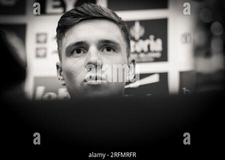Glasgow, UK. 04th Aug, 2023. Belgian Remco Evenepoel of Soudal Quick-Step pictured during a press conference at the UCI Road World Championships Cycling 2023, in Glasgow, United Kingdom on Friday 04 August 2023. UCI organizes the worlds with all cycling disciplines, road cycling, indoor cycling, mountain bike, BMX racing, road paracycling and indoor paracycling, in Glasgow from 05 to 13 August. BELGA PHOTO DAVID PINTENS Credit: Belga News Agency/Alamy Live News Stock Photo